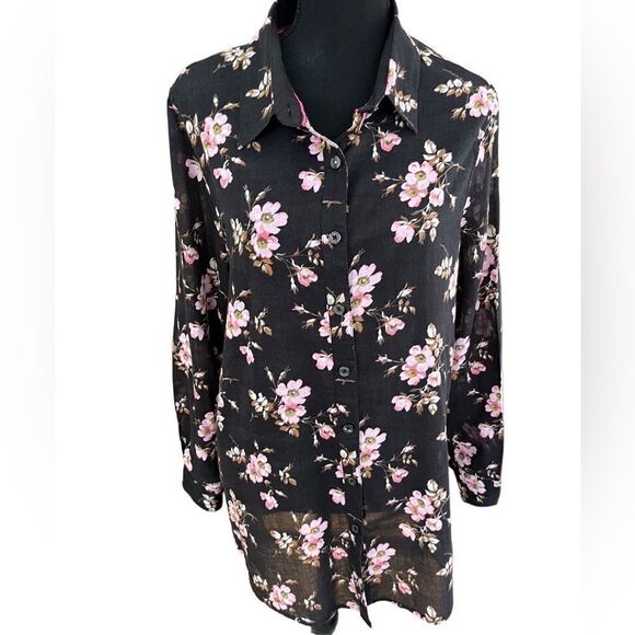 Fluent Life lightweight 100% cotton black floral button front blouse, size XL. - Picture 1 of 6